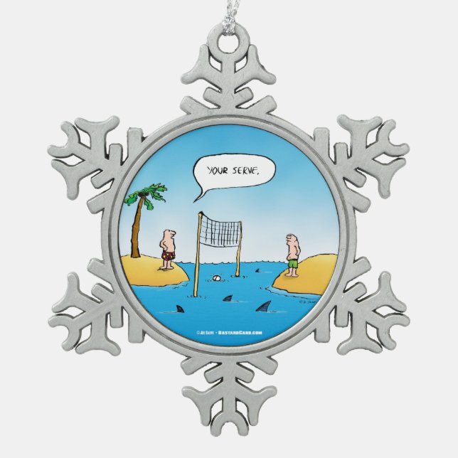 Shark Volleyball Funny Cartoon Schneeflocken Zinn-Ornament (Vorderseite)