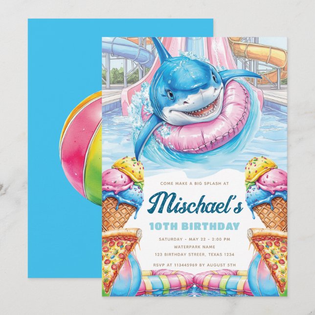 Shark Waterpark Fun Boys Pool Party Birthday Einladung (Vorne/Hinten)
