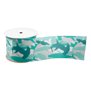 Shark White & Aquamarin Camouflage Muster Satin Ri Satinband