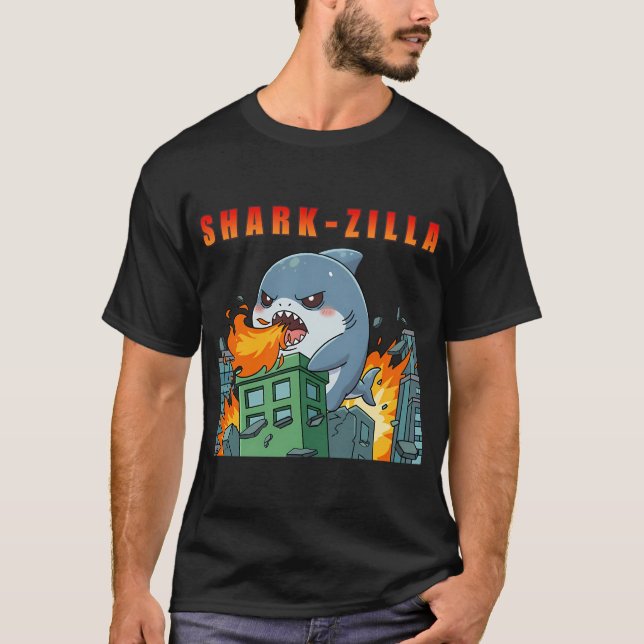 Sharkzilla Chibi Kaiju zerstört Stadt T-Shirt (Vorderseite)