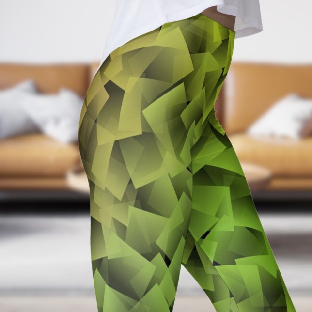 Sharp Green Cubism Print Leggings (Post it Cubism in Green)
