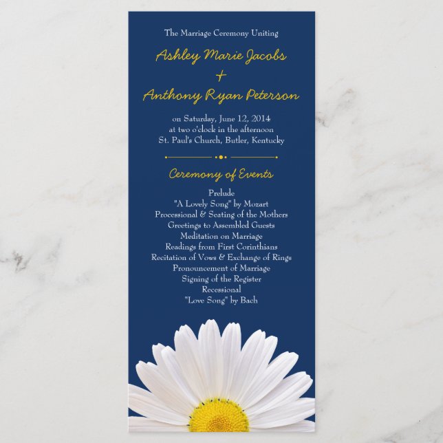 Shasta Daisy Blume Yellow Navy Hochzeitsprogramm Programm (Vorderseite)