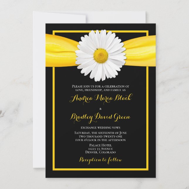 Shasta Daisy Yellow Ribbon Black Wedding Einladung (Vorderseite)