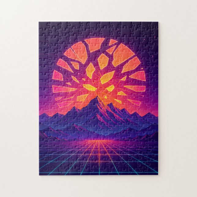 Shattered Neon Sun Over Synthwave Mountains  Puzzle (Vertikal)