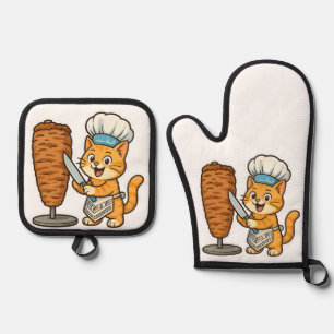 Shawarma Cat Koch Sticker Ofenhandschuh & Topflappen-Set