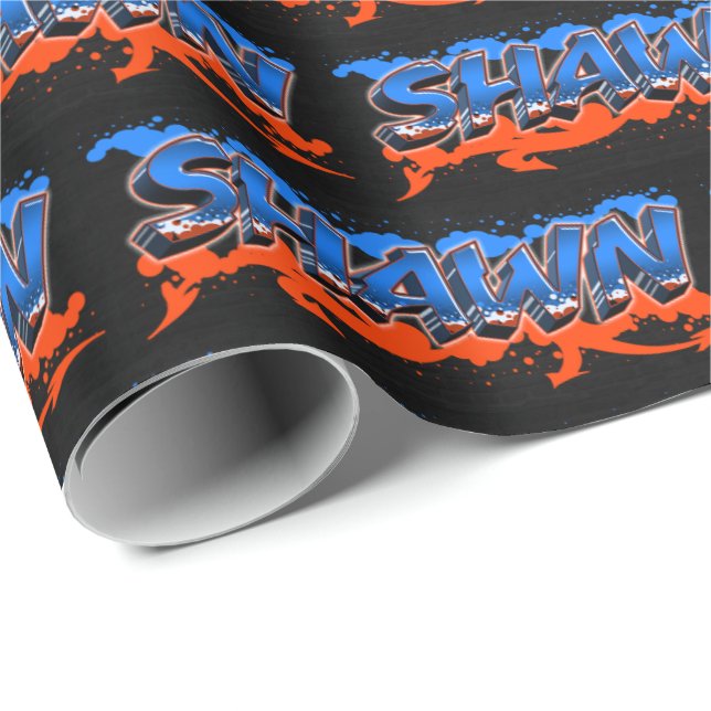 Shawn Vorname Name Graffiti blue orange Geschenkpapier (Rolleneckpunkt)