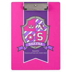 Shayna Letter S unicorn Wappen Name bedeutet pink Klemmbrett