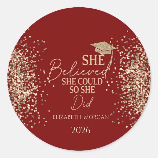  She Believed Gold Glitter Grad Cap,Dots Red Runder Aufkleber (Vorderseite)