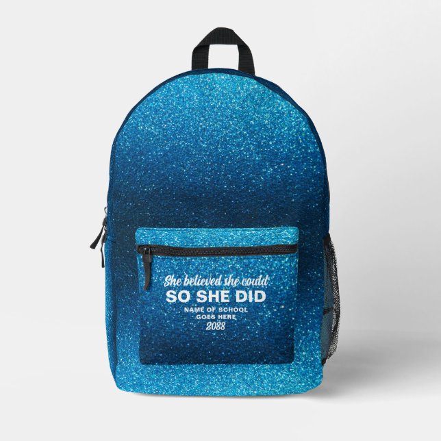 She Believed She Could Aqua Blue Glitter Sparkles Bedruckter Rucksack (Vorderseite)