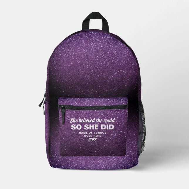 She Believed She Could Aubergine Glitter Sparkles Bedruckter Rucksack (Vorderseite)