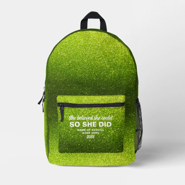 She Believed She Could Lime Green Glitter Sparkles Bedruckter Rucksack (Vorderseite)