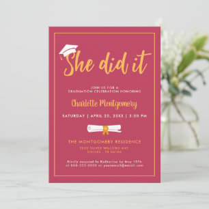 She Did It Grad Cap Magenta Graduation Party Photo Einladung
