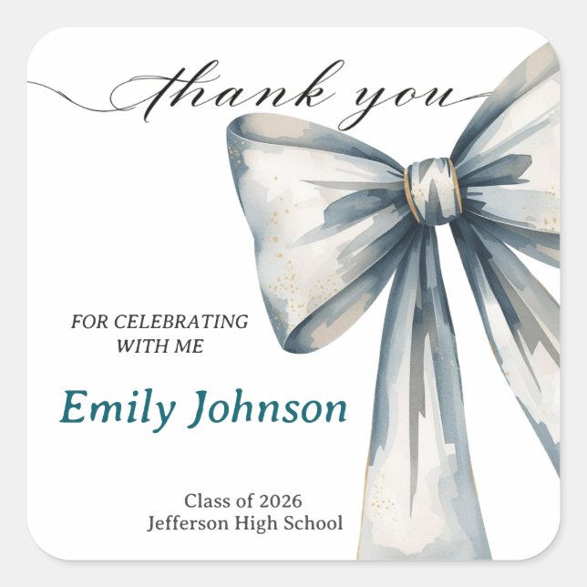 She did it Graduation invitation Photo Blue Bow  Quadratischer Aufkleber (Vorderseite)