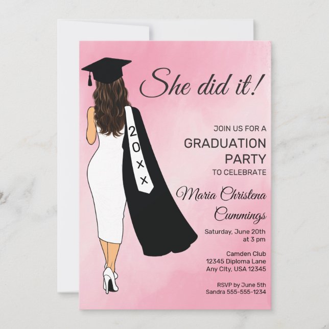 She Did It Pink Graduation Invitation Einladung (Vorderseite)