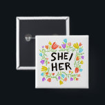 SHE?HER Pronouns Rainbow Floral Wreath Button<br><div class="desc">Dekorieren Sie Ihr Outfit mit diesem coolen Kunstknopf. Sie können ihn anpassen und auch Text hinzufügen. Karo in meinem Shop für viel mehr Farben und Muster! Lass mir Bescheid,  wenn du auch etwas Gewohntes willst.</div>