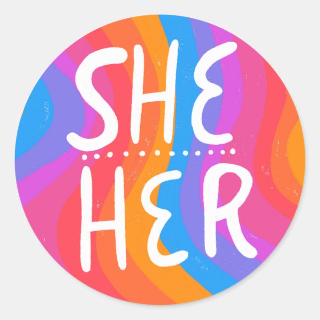 SHE/HER Pronouns Rainbow Handlettering Runder Aufkleber (Vorderseite)