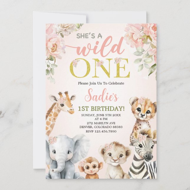 She’s a Wild One Floral Safari Girl 1st Birthday Einladung (Vorderseite)