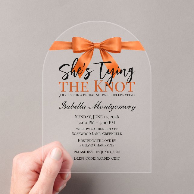 She’s Tying the Knot Theme Orange Bow Acryleinladungen (Insitu (Handheld))