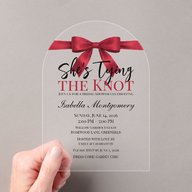 She’s Tying the Knot Theme Red Bow Acryleinladungen (Insitu (Handheld))