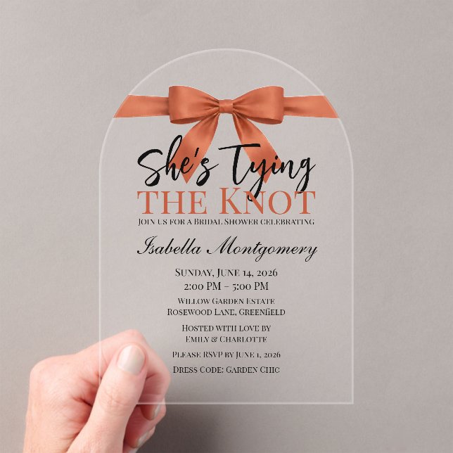 She’s Tying the Knot Theme Terracotta Bow Acryleinladungen (Insitu (Handheld))