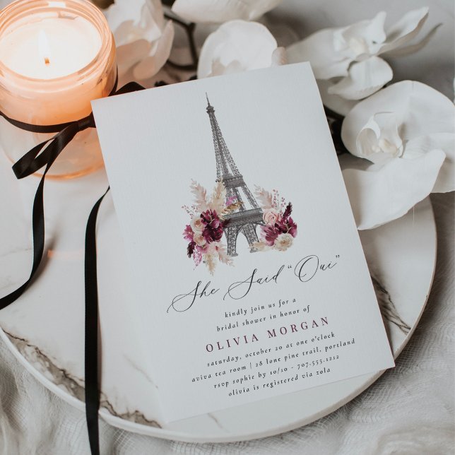 She Said Oui Burgundy Floral Paris Bridal Shower Einladung (Von Creator hochgeladen)
