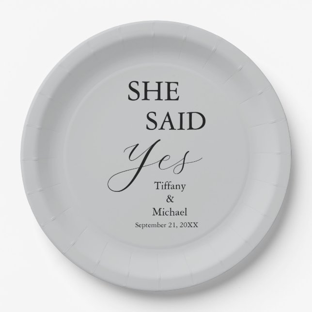 She Said Yes Bridal Shower Grey Pappteller (Vorderseite)
