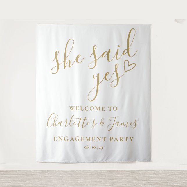 She Said Yes Engagement Party Gold Photo Backdrop Wandteppich (Vorderseite)