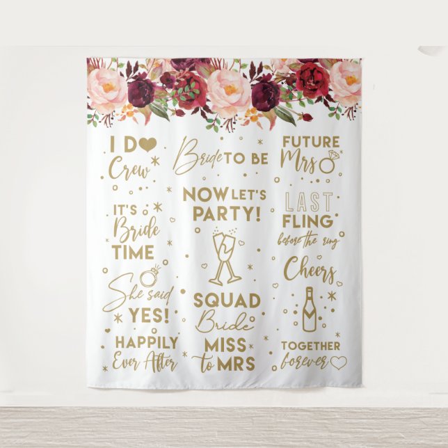 She said yesFloral Burgundy Bridal Shower Backdrop Wandteppich (Vorderseite)