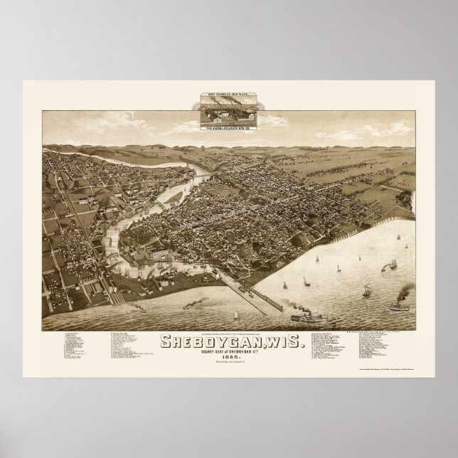 Sheboygan, WI Panorama Karte - 1885 Poster (Vorne)