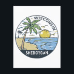 Sheboygan Wisconsin Vintag Postkarte<br><div class="desc">Handgezeichnete Darstellung mit Palmen und Wellen im Hintergrund. Ideal für alle,  die Sheboygan besuchen Lieben.</div>