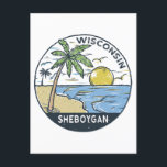 Sheboygan Wisconsin Vintag Postkarte<br><div class="desc">Handgezeichnete Darstellung mit Palmen und Wellen im Hintergrund. Ideal für alle,  die Sheboygan besuchen Lieben.</div>