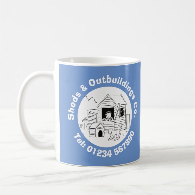 Sheds & Outbuilding Cartoon mit Telefonnummer. Kaffeetasse (Links)