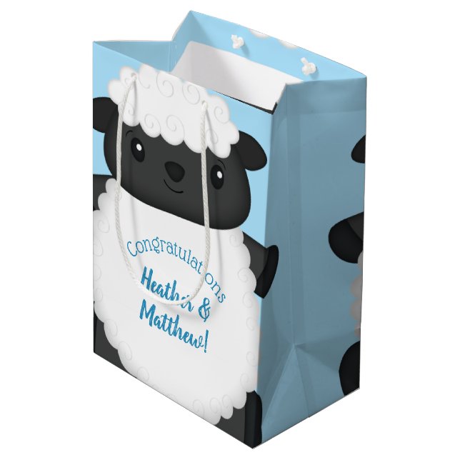 Sheep Baby Dusche Blue Mittlere Geschenktüte (Rückseite Schrägansicht)