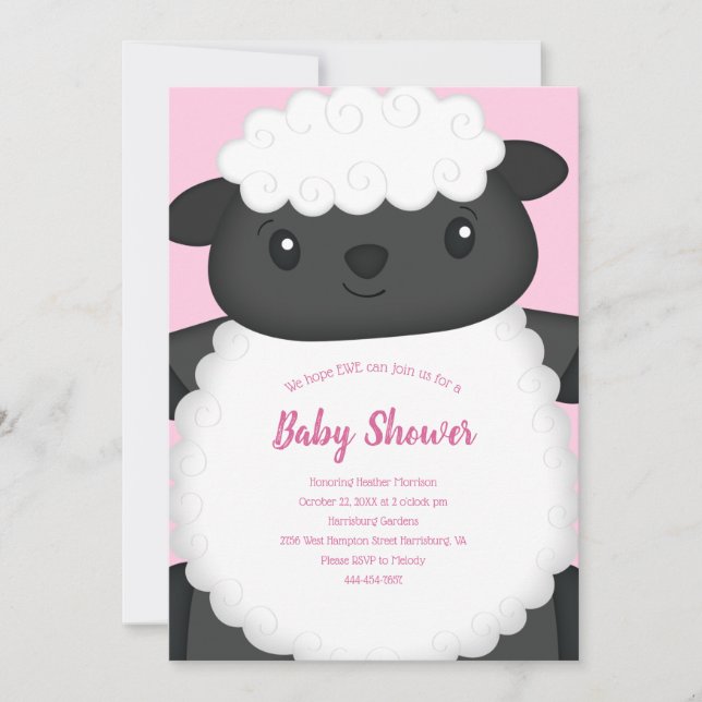 Sheep Baby Dusche Rosa Einladung (Vorderseite)