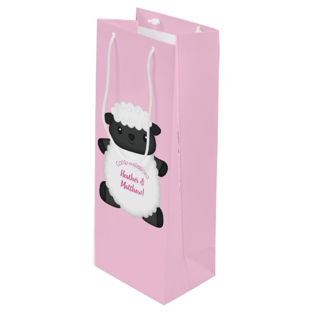 Sheep Baby Dusche Rosa Geschenktüte Für Weinflaschen (Vorderseite Schrägansicht)