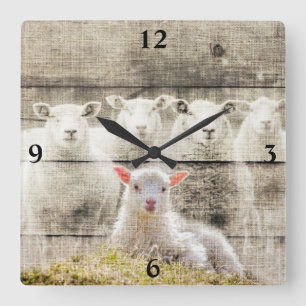 Sheep Baby Lamb Burlap Square Wall Uhr