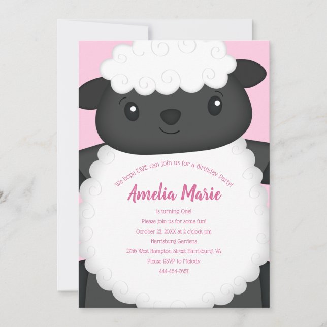 Sheep Birthday Party Pink Einladung (Vorderseite)