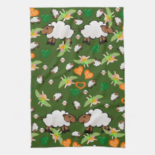 Sheep Green Orange Hearts Fairy Kitchen Handtuch