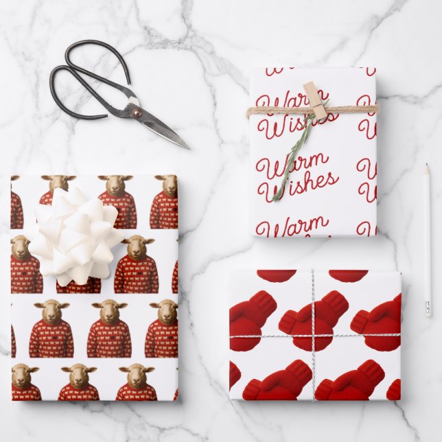 Sheep in Sheep Sweater, Mittens, Warm Wishes  Geschenkpapier Set (Vorderseite)