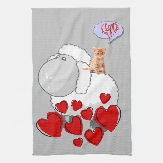 Sheep Kitten Red Hearts Küche Handtuch (Vertikal)