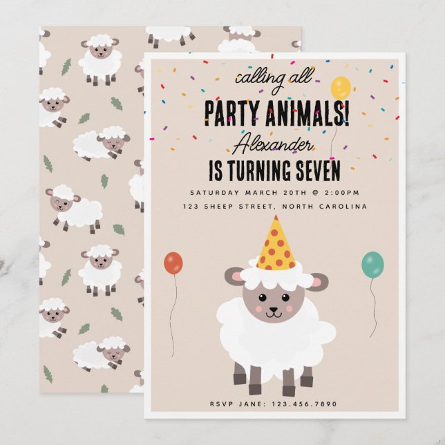Sheep Lamb Cute Farm Party Animals Birthday Einladung (Vorne/Hinten)