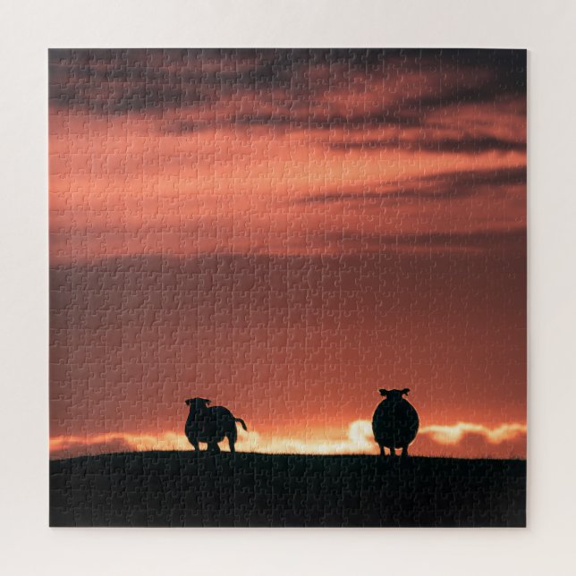 Sheep Sunset Nature Foto Puzzle (Vertikal)