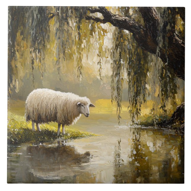 Sheep Under A Willow Tree Painting Fliese (Vorderseite)