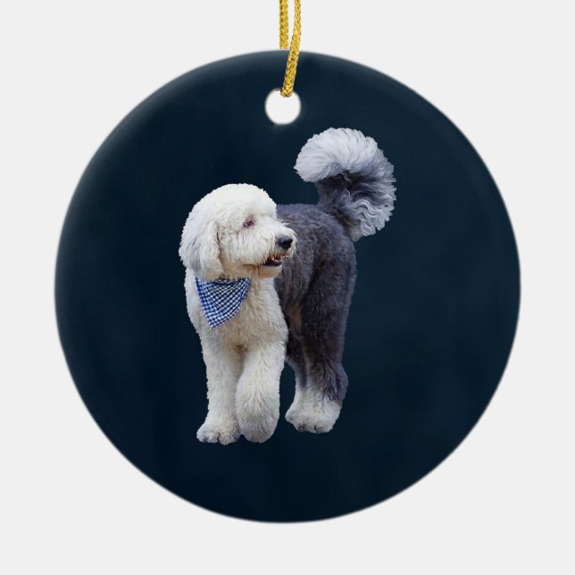 Sheepadoodle mit blauem karierten Schal Keramik Ornament (Vorne)