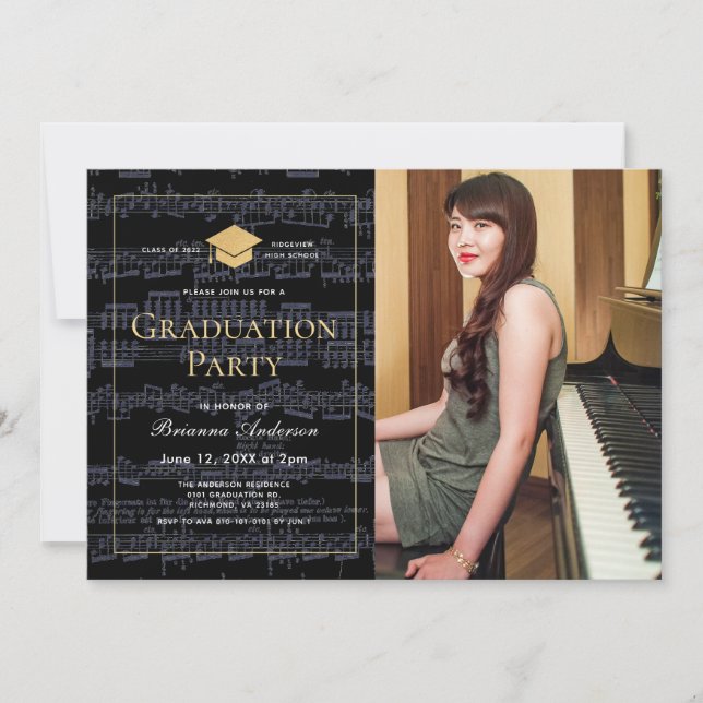 Sheet Music Black & Gold Foto Graduation Party Einladung (Vorderseite)