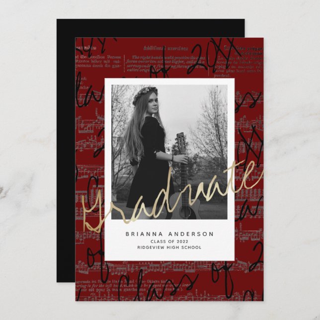 Sheet Music Burgundy Foto VIrtual Abschluss Einladung (Vorne/Hinten)