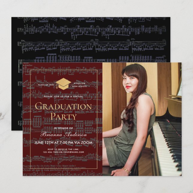 Sheet Music Burgundy Foto Virtual Abschluss Einladung (Vorne/Hinten)