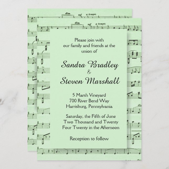 Sheet Music Green Wedding Einladung (Vorne/Hinten)