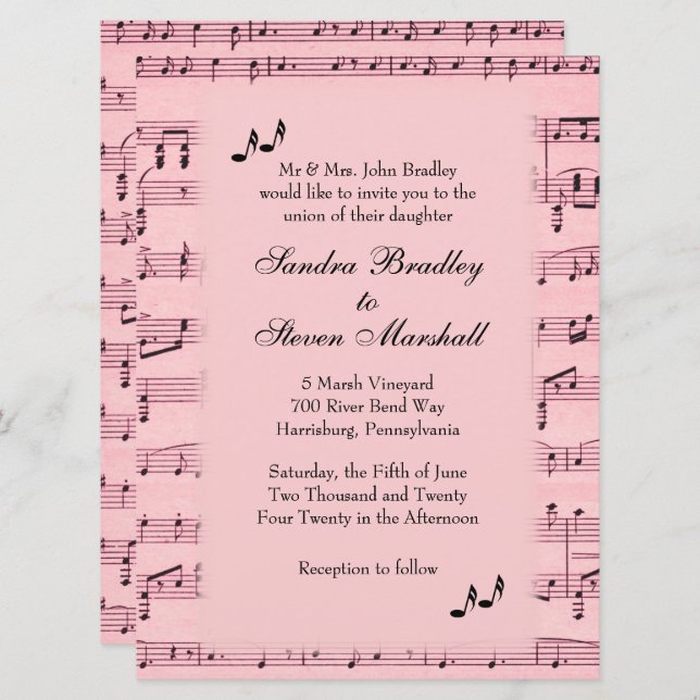 Sheet Music Pink Wedding Einladung (Vorne/Hinten)