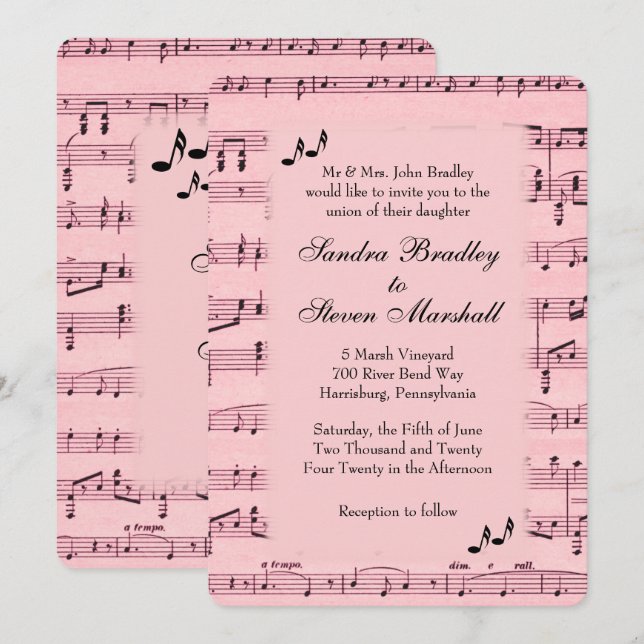 Sheet Music Pink Wedding Einladung (Vorne/Hinten)